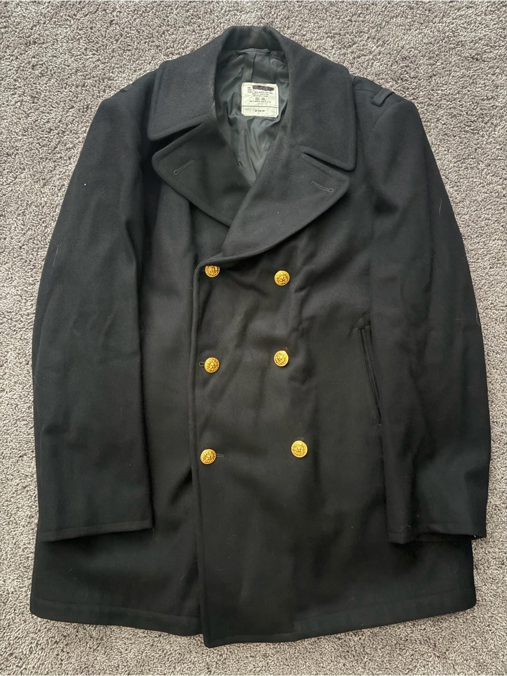 US Navy Men's Reefer Coat -48L - Black Double-Breasted Wool Peacoat Gold Buttons